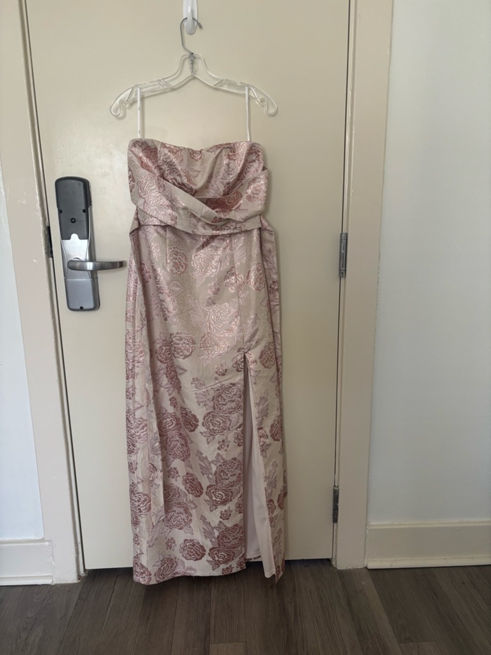 Strapless Floral Satin Gown in Blush and Rose